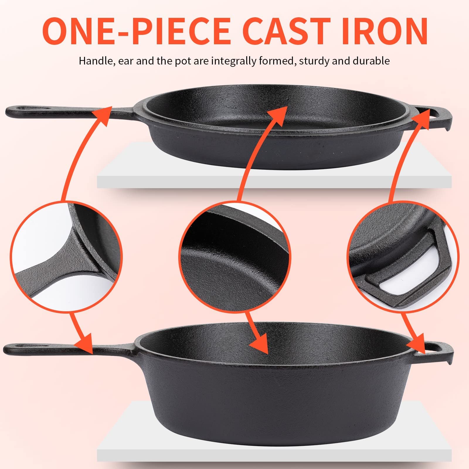 Overmont Gusseisen Topf Brot Backen - Gusseisen Bräter mit Deckel Langem Griff- 2in1 Cast Iron Pot mit Rezeptbuch - einsatzfertig eingebrannt- für Küche Camping Garten BBQ Backen Gasgrill 3 L – Bild 8