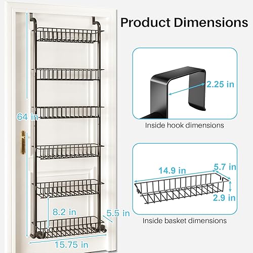 Miniatura 7 de Organizador de especias para despensa sobre la puerta, organizador de puerta de metal de 6 niveles, estante de almacenamiento de especias montado