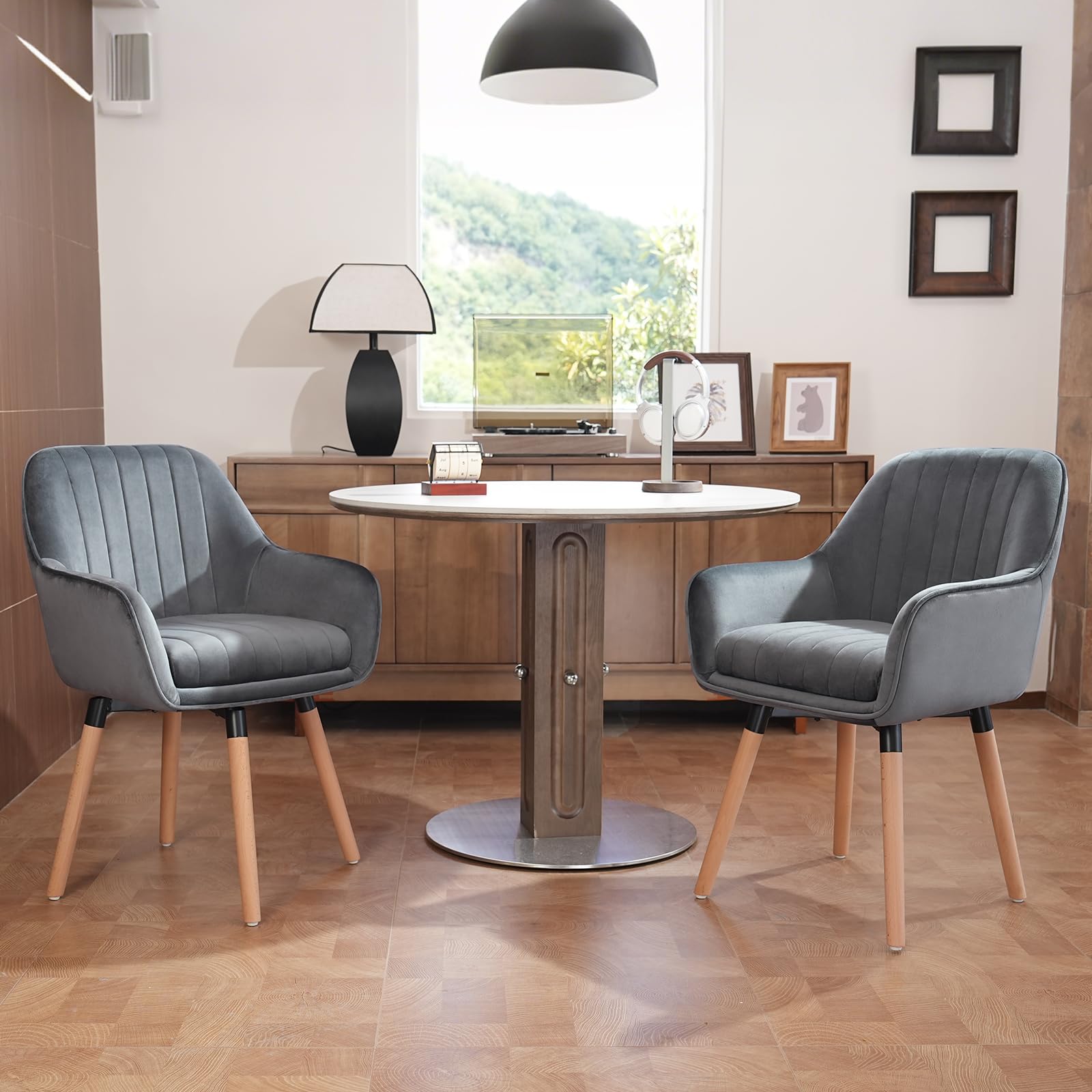 ELUCHANG Esszimmerstühle 2er Set, 360° Drehbar, 12cm Dicke Polsterung Stuhl mit Hohen Armlehnen, Grau Samt, bis 150 kg Belastbar, für Schlafzimmer Küche Wohnzimmer