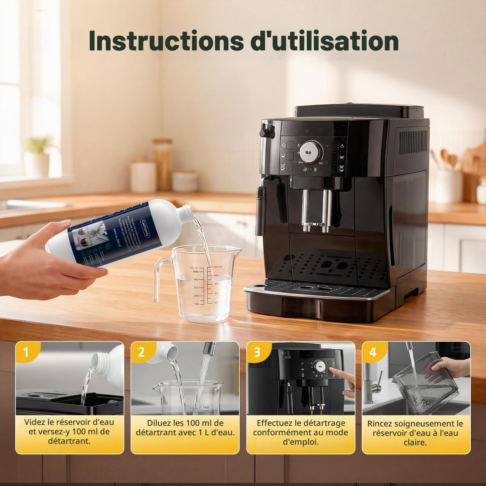 Détartrant pour machine à café DeLonghi - Détartrant de rechange pour machine à café DeLonghi DLSC500 - Accessoires d'entretien - Ingrédients végétaux - 4 bouteilles de 500 ml - 20 boîtes de