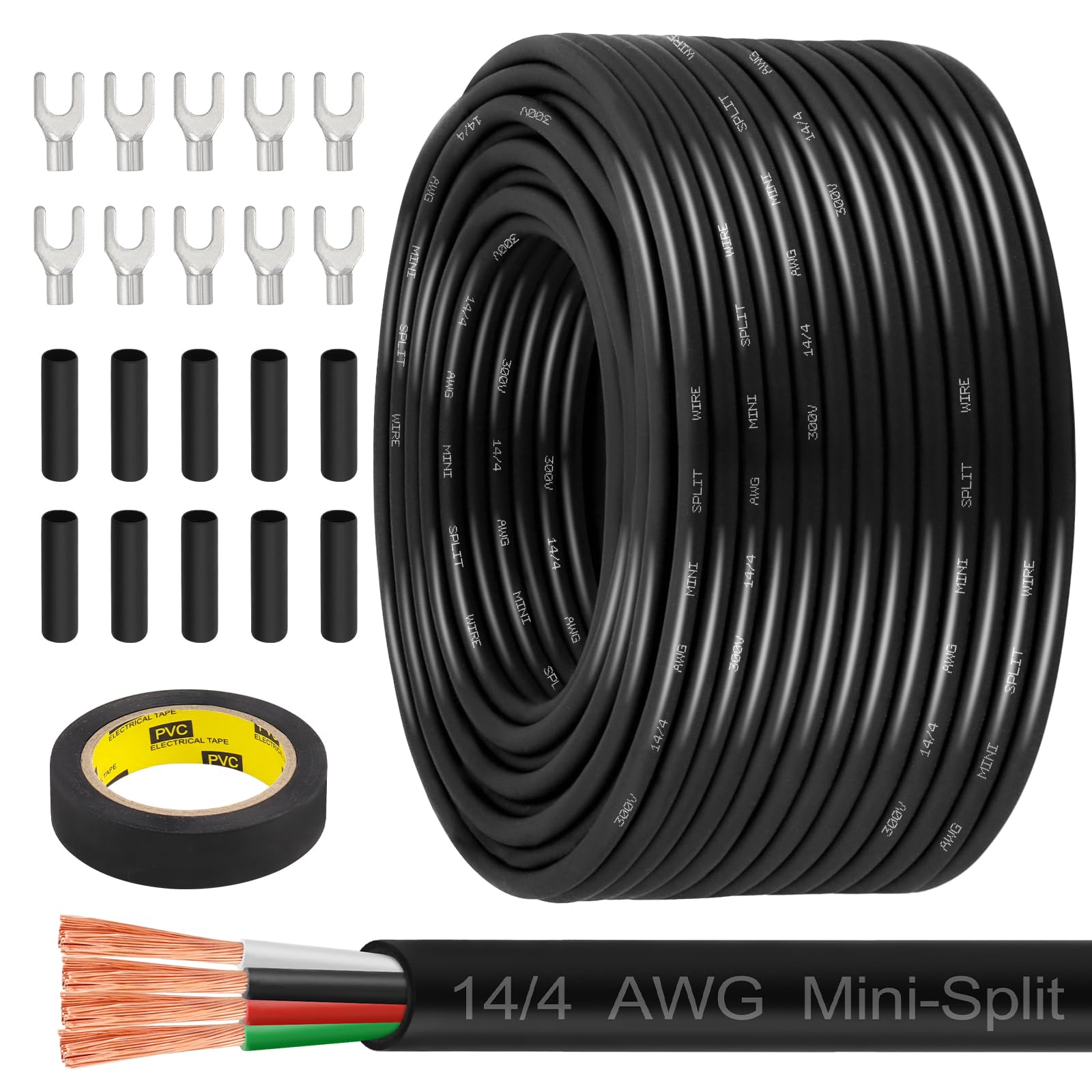 MOOKEERF 14/4 AWG Mini-Split Cable - 250FT 14 AWG 4 Conductor Control Cable 300V Stranded Oxygen-Free Pure Copper Wire for Mini Split Air Conditioner,