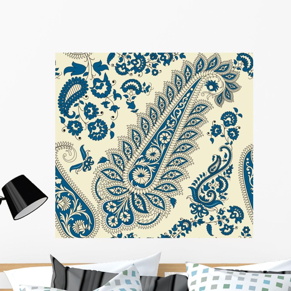 Wallmonkeys Blue Floral Paisley Wallpaper Wall Decal Tiles Peel and Stick Graphic (36 in W x 34 in H) WM221171
