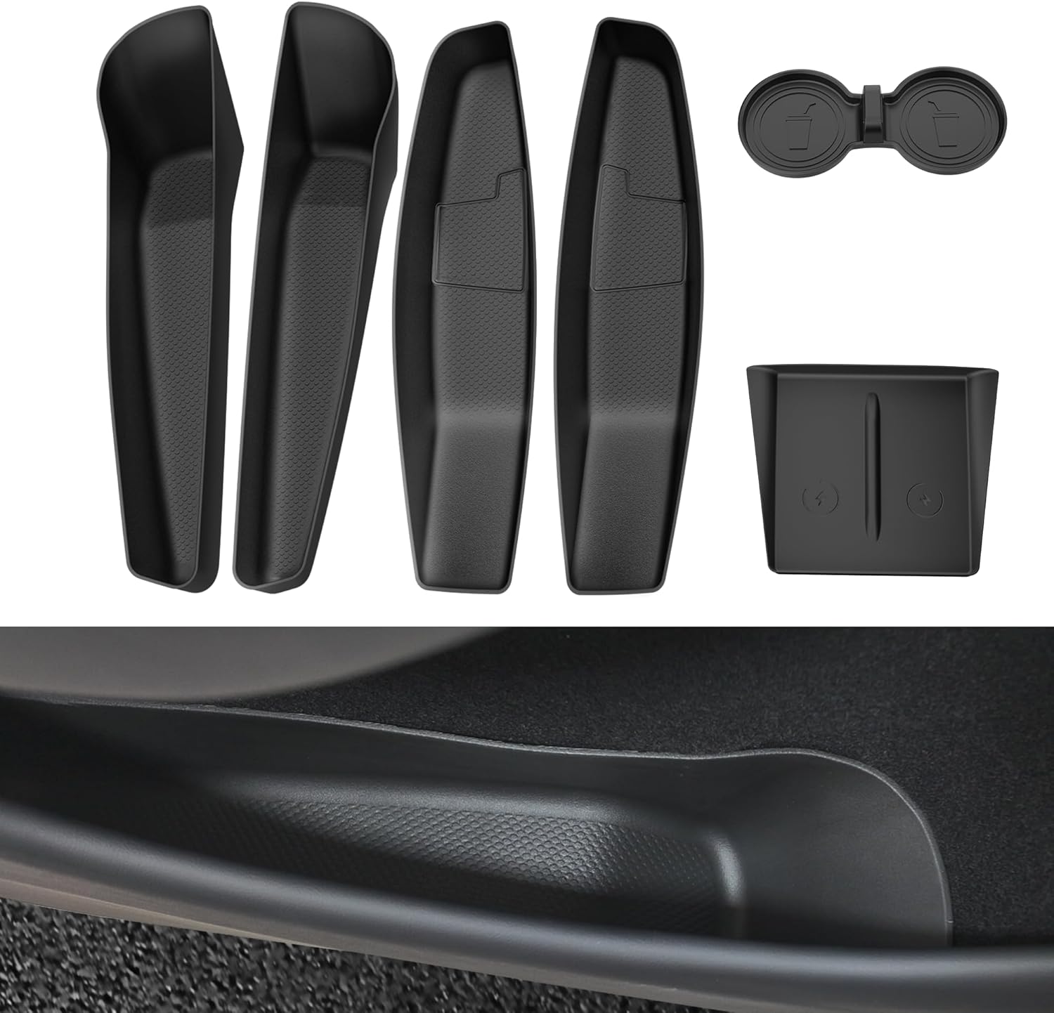 Farmogo 2026 Tesla Model Y Juniper Door Side Storage Box (Anti-Slip TPE) Door Side Pocket Organizer Tray, Waterproof Front & Rear Slot Pocket Liner for 2025-2026 New Tesla Model Y Juniper Accessories