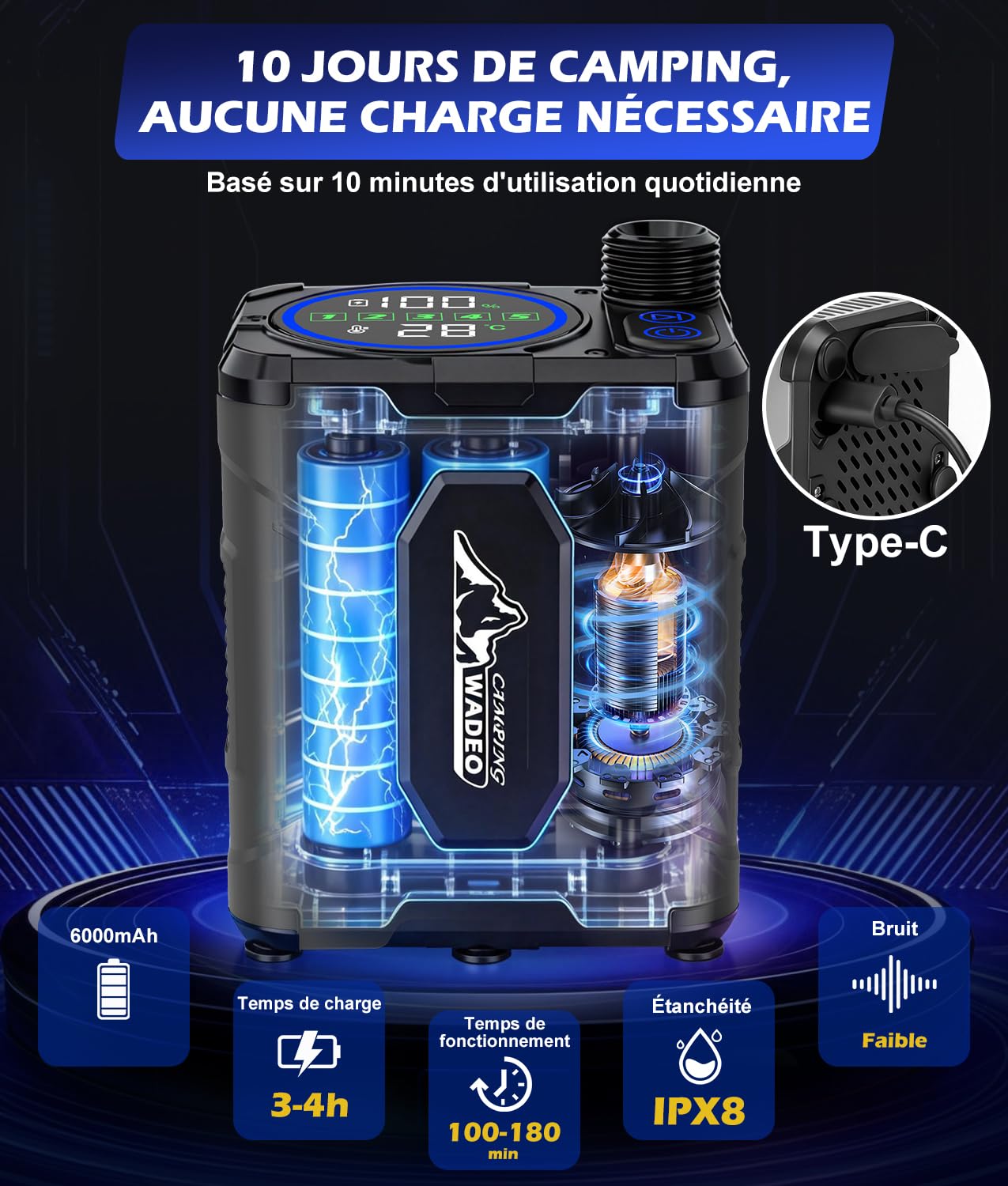 WADEO Kit Douche Camping, Seau 20L & Pompe 5 Vitesses, Autonomie 10 Jours | Pompe Douche Rechargeable 6000 mAh avec Écran LED, IPX8, Douche Chaude Camping Portable pour Voyage, Animal, Voiture, Jardin