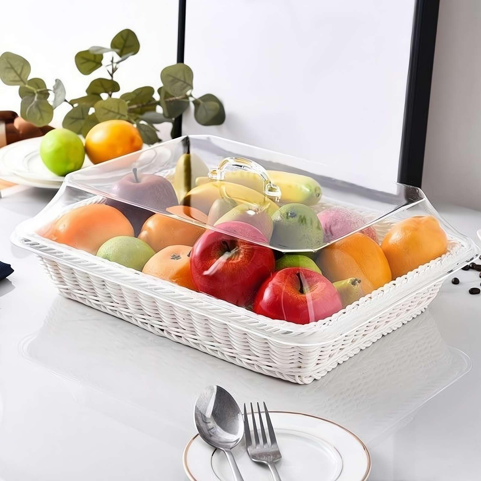 Kcvzitrds Panier en Rotin Tressé avec Couvercle en Acrylique - Panier de Service en Polypropylène pour Pain, Fruits et Plus Kcvzitrds Panier en Rotin Tressé avec Couvercle en Acrylique - Panier de Service en Polypropylène pour Pain, Fruits et Plus