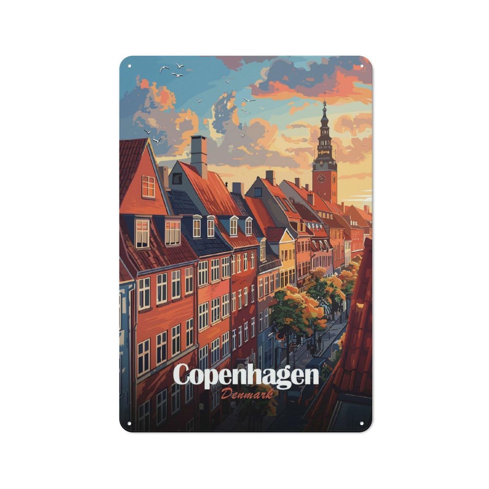 Copenhagen, Denmark Cityscape Art Country Metal Wall Decor 30x20cm, Decorative Tin Sign for Farmhouse Kitchen, Pantry Or Dining Area