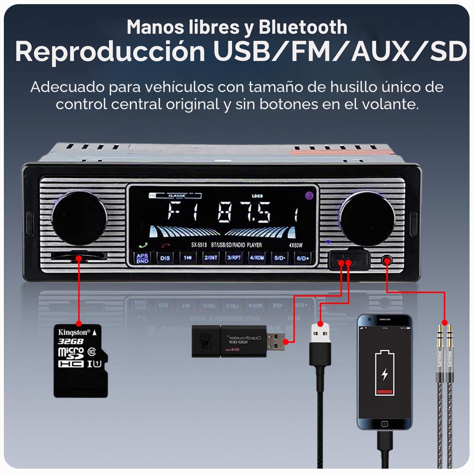 Radio Para Coche, Bluetooth Radio Coche Manos Libres, 2 Perilla Single Din 60wx4 Fm Manos Libres Radio Para Automóvil Oldtimer Mp3 Aux Usb U-disk Audio Con Control Remot