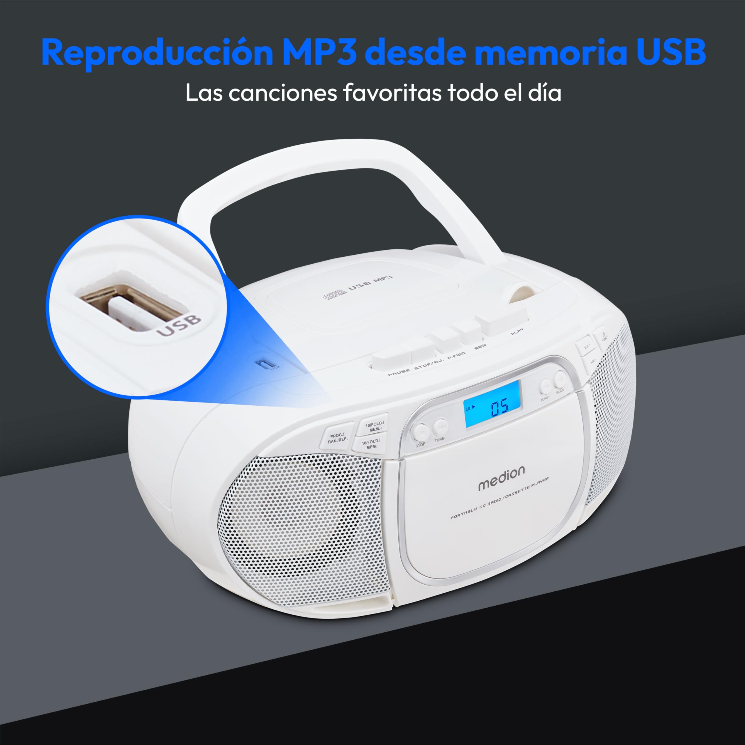 MEDION E66476 Sistema de Sonido estéreo (Boombox, Reproductor de CD, MP3, Cassette, Reproductor de Cassettes portátil para niños, Radio FM, AUX, Auriculares, Red y batería) Blanco