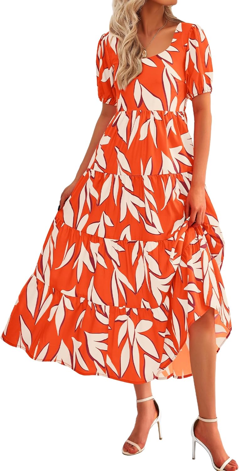 Size XXL BTFBM Women's Boho Summer Dresses Short Sleeve Floral Print Smocked Tie Back Tiered A-Line Flowy Cruise Vacation Dress Small Floral Beige Orange