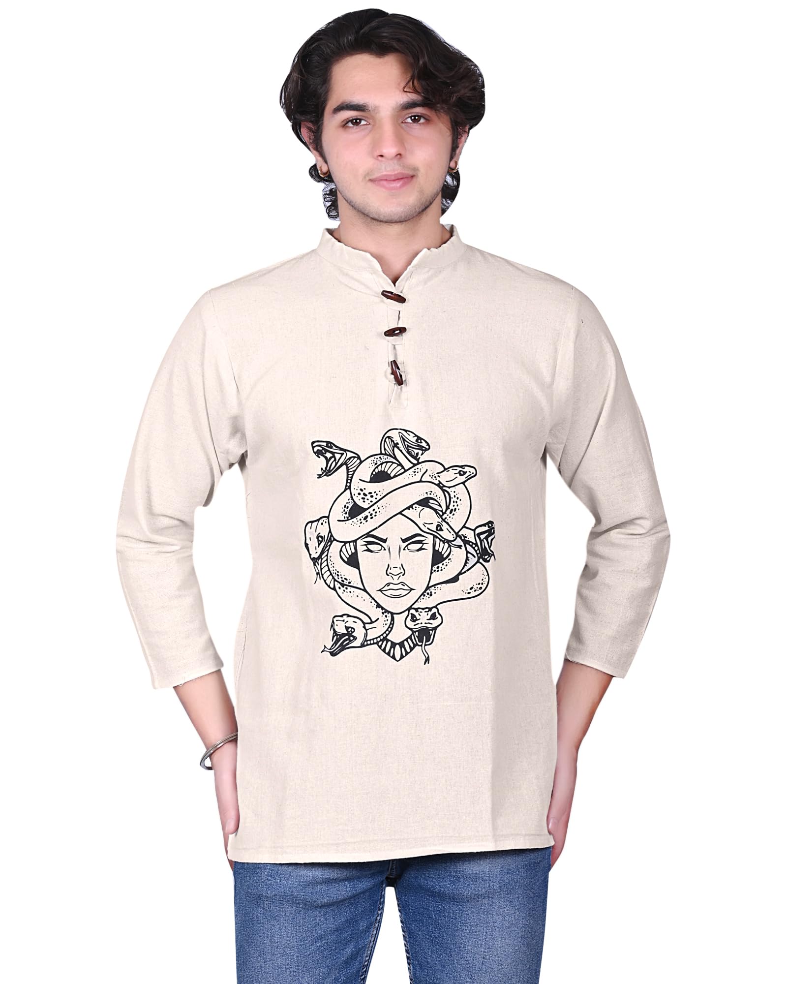Men's Casual Cotton Loosefit and Oversize Cotton Short Kurta/Shirt with Mandarin Collar Beige Printed Kurta for Men.-picture-12
