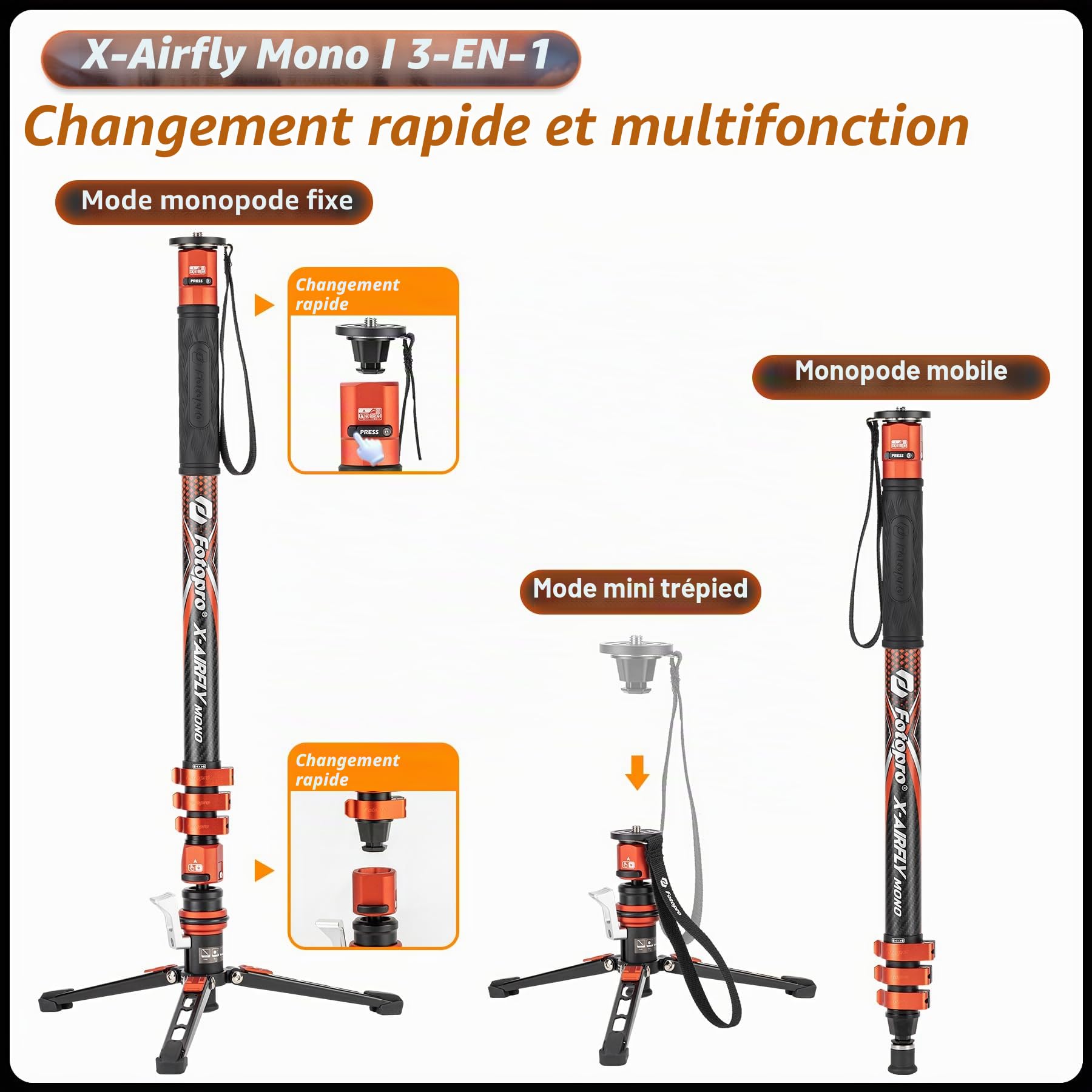 Fotopro X-Airfly Monopode 3-en-1 carboné avec pédale, 185,4 cm, charge 10 kg
