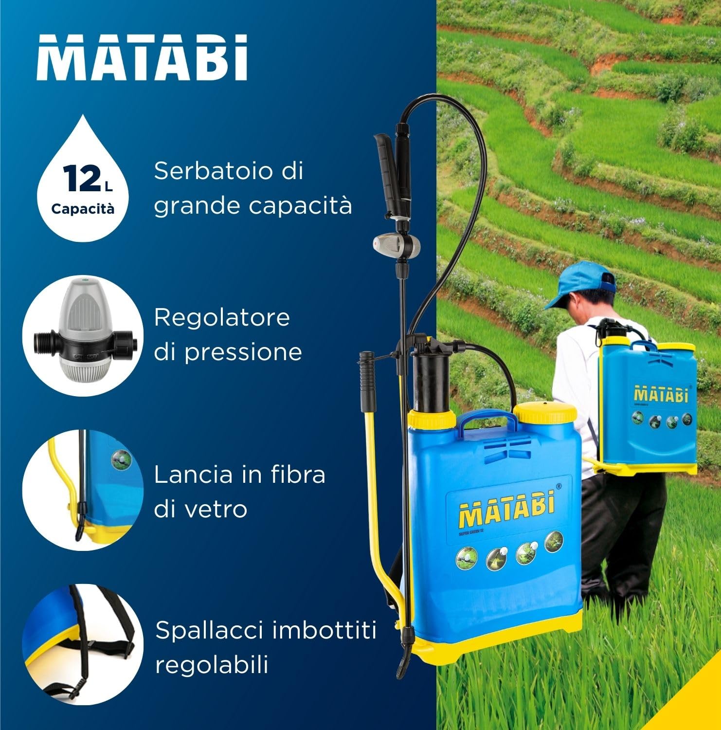 Matabi Super Green 12 - Spruzzatore 12 L - Lancia Fibra e 4 Ugelli | Pompa manuale con regolatore di pressione e tubo 1,3 m - zaino irroratore con miscelatore e dosatore