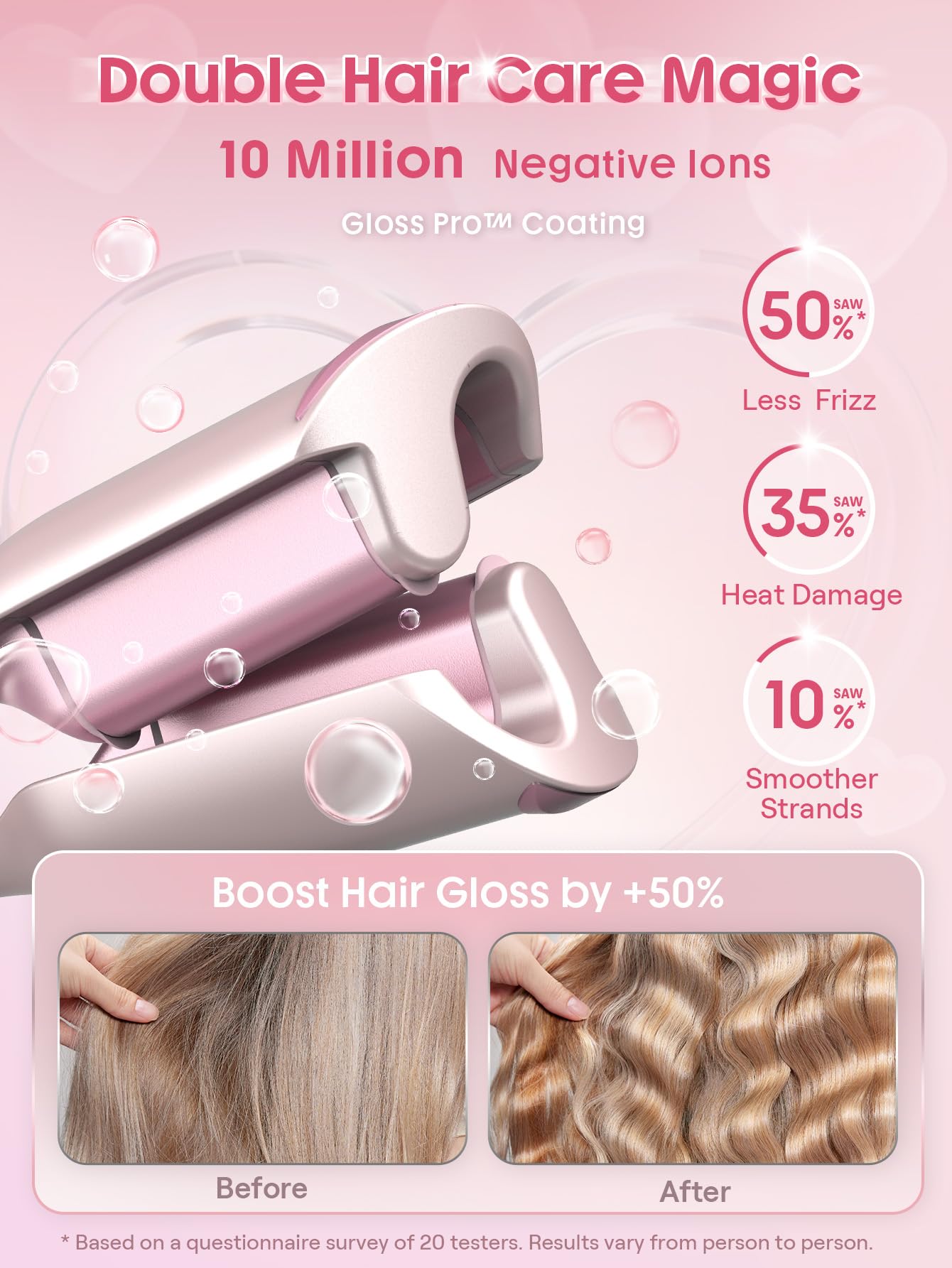 SHEGLAM Rizador Doble Barril Rosa - Ondas Beach Waves, 5 Temperaturas, Anti-Quemaduras, Doble Voltaje (25mm)