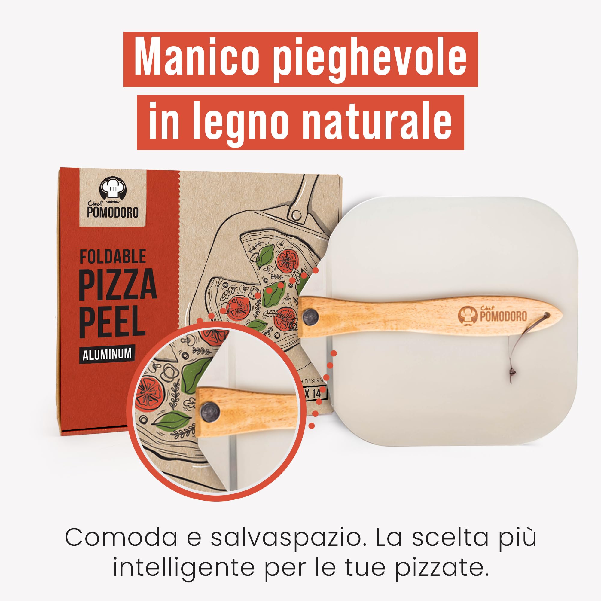 Chef Pomodoro, Pala per Pizza con Manico Pieghevole in Legno (30,5 x 35,6 cm) – Pala per Pizza Corta, Salvaspazio e Comoda da Riporre – Paletta per Pizza e Pane Fatti in Casa – Realizzata in Allumino