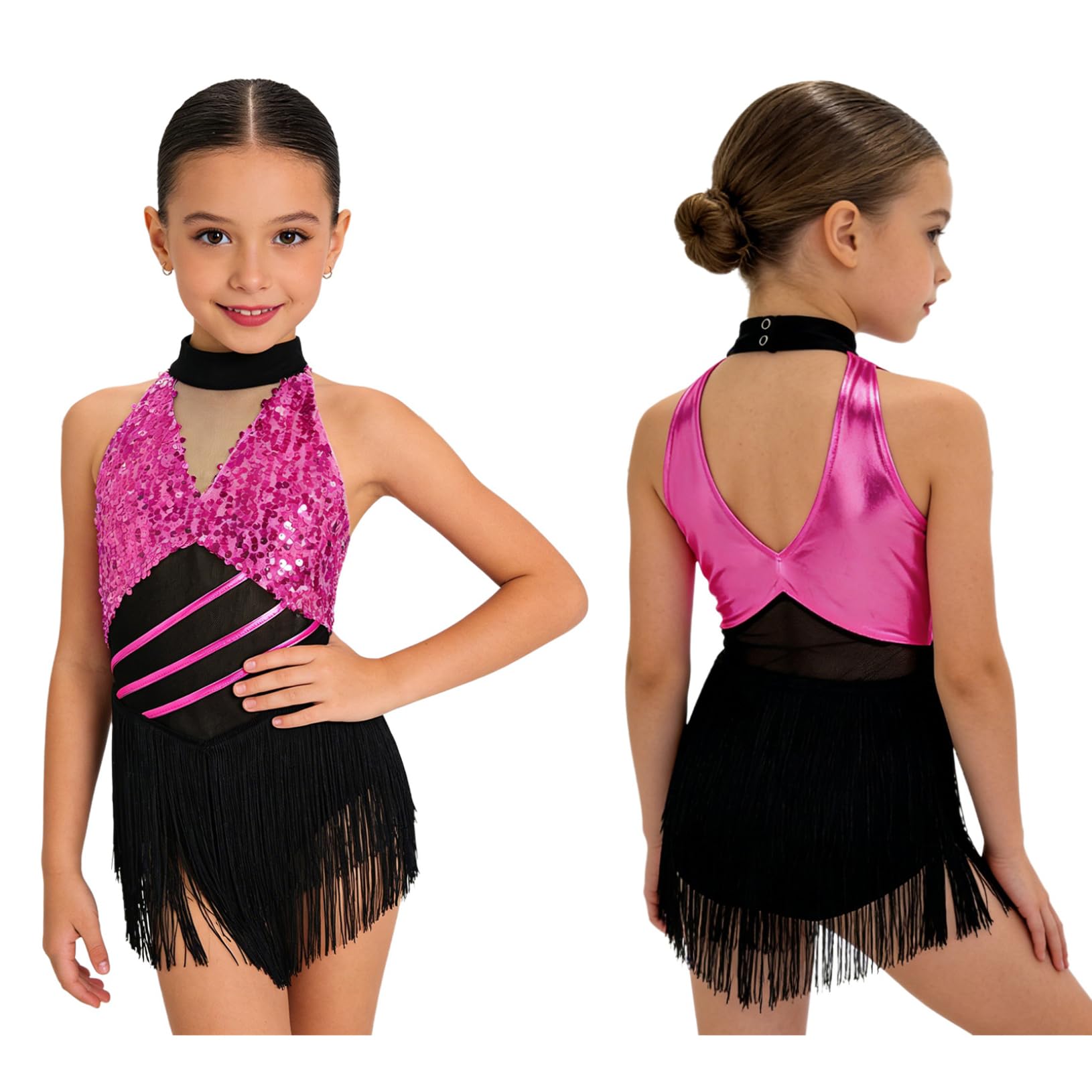 Freebily Vestidos Baile Salsa Samba Rumba con Flecos Niña Leotardo De Baile Latino Espalda Abierta Trajes De Bailarina Cha Cha — view 7