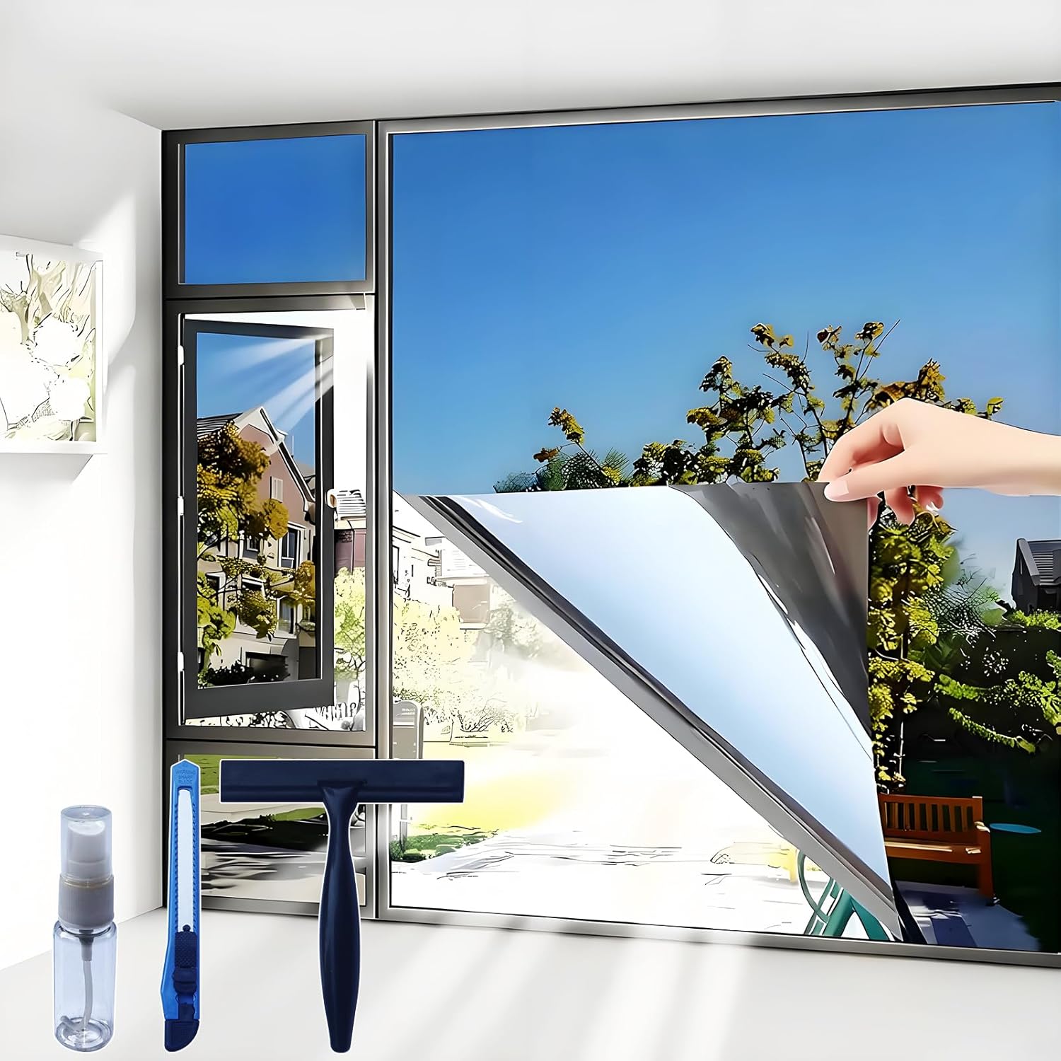 Righyo Glass Film One Way Window Privacy, Sun Protection Film, UV Blocking Control Reflective with 3 Tools for Window, Office, Home (Silver) - 23.6" X 196.9"