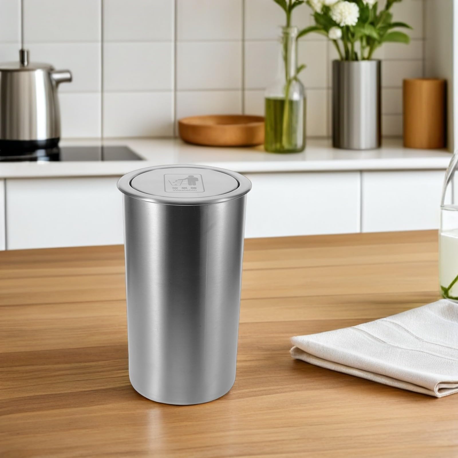 Cubo de Basura Empotrable de Acero Inoxidable Tapa Abatible Higiénica para Encimera, Diseño Moderno y Fácil Mantenimiento en Restaurante y Cocina