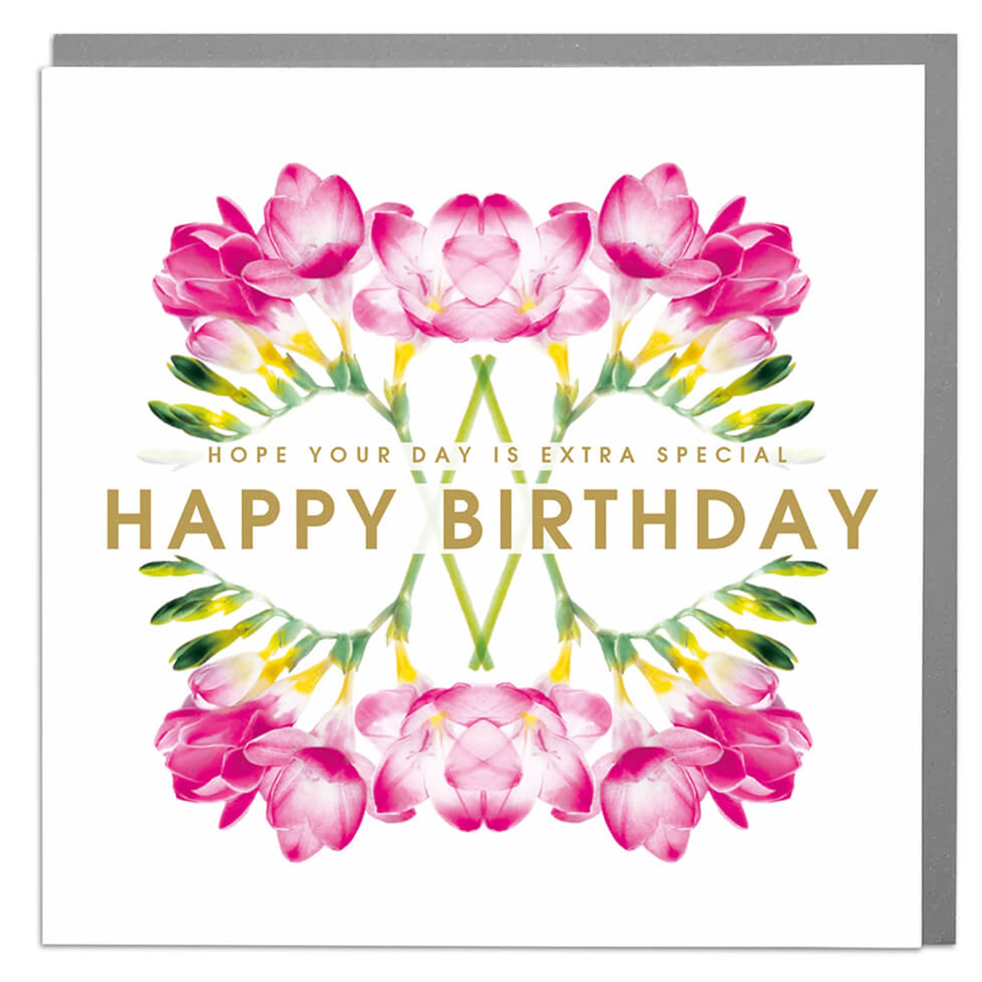 Lola Design - Birthday Cards for Women - Freesias, Your Extra Special Day, Happy Birthday Card - Blank Card with Grey Envelope - Designed and Printed in the UK - 150mm x 150mm