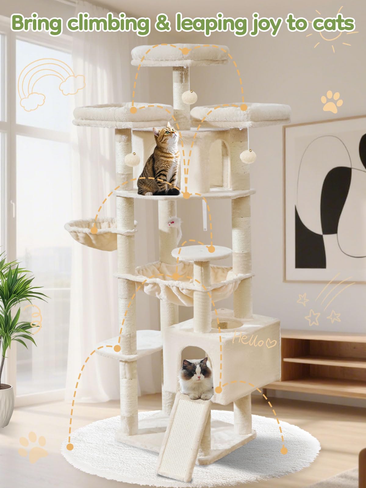 Taoqimiao Árbol Rascador 193 cm para Gatos Grandes, Árbol Rascador con Panel Rascador, Hamaca Metálica Extra Grande, 3 Plataformas, 7 Postes Sisal, 2 Cabañas Grandes y Cesta Colgante, MS047M Beige
