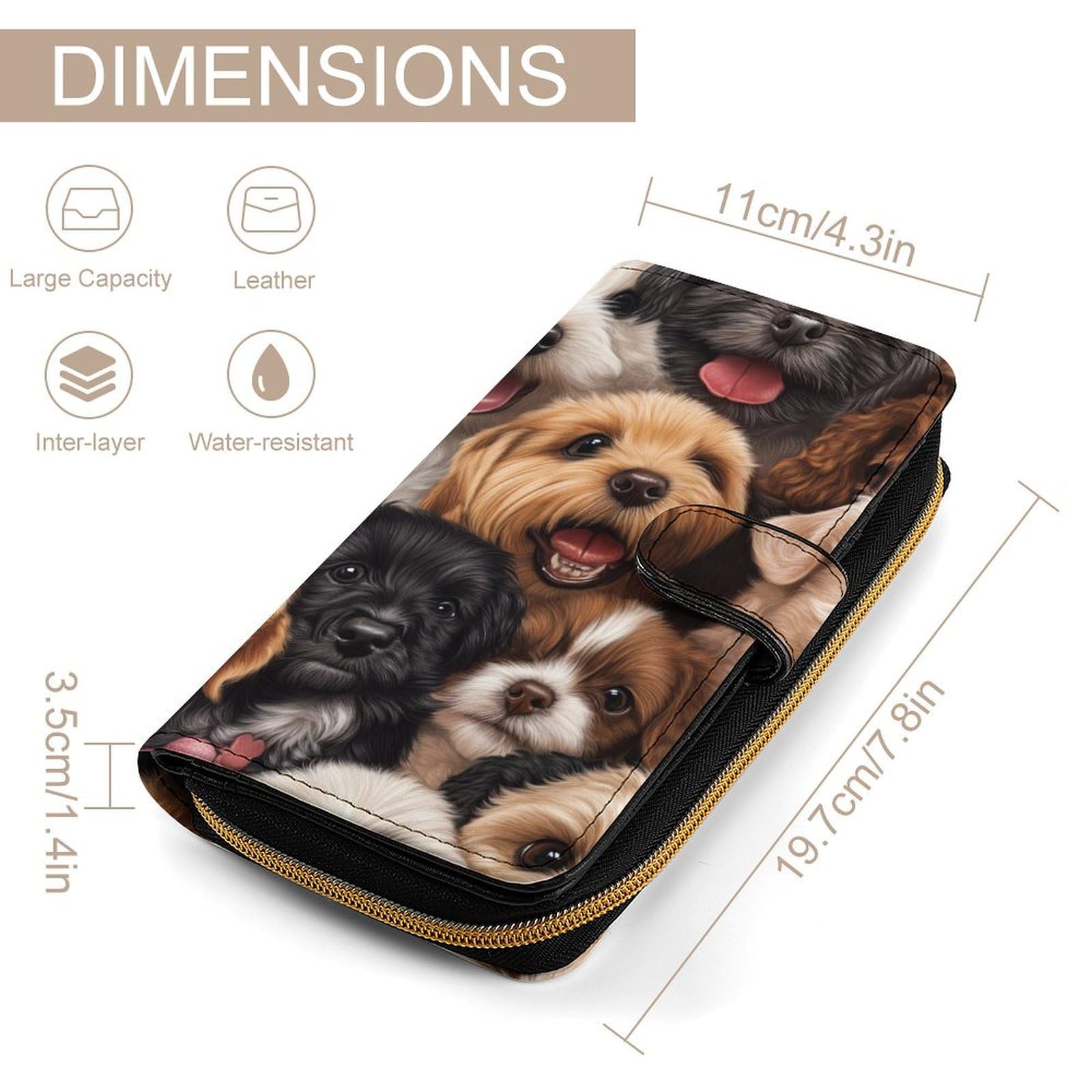 Cute Dog Puppy Print Long Wallet PU Leather Credit Card Holder Durable Zippered Purse Clutch Wallet