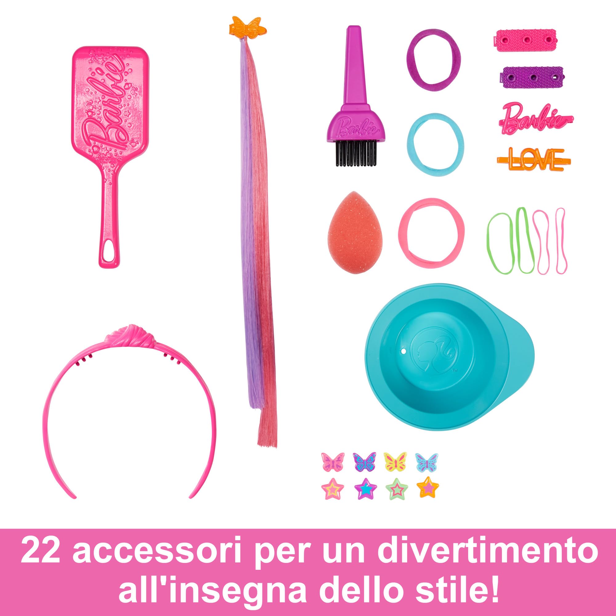 Barbie - Super Chioma Hairstyle Capelli Arcobaleno, testa pettinabile con capelli biondi e ciocche arcobaleno fluo da acconciare, con accessori Color Reveal, giocattolo per bambini, 3+ anni, HMD78