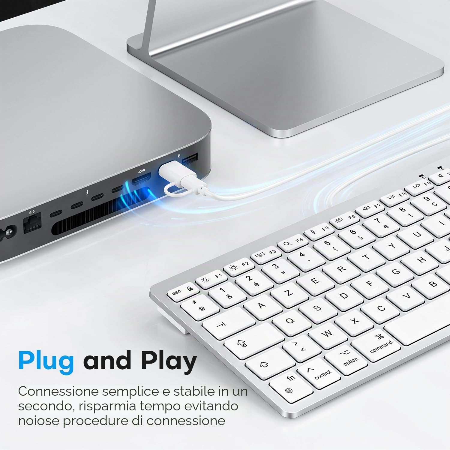 OMOTON Tastiera con cavo per Mac, tastiera con connessione doppia (Type C/USB), tasti silenziosi e connessione stabile, compatibile con Mac, iMac, Mac Mini (AZERTY)