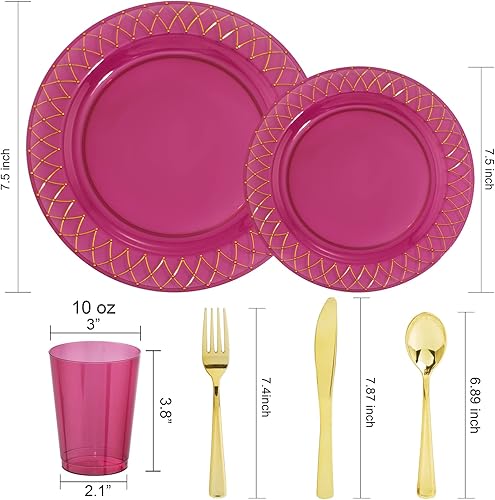 Miniatura 9 de Nervure 150 platos de plástico rojo transparente con borde dorado, plato de fiesta rojo, plato de oro desechable incluye: 50 platos, 25 cuchillos,