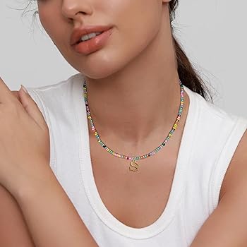 Beaded Initial Necklace For Women - 14K Gold Plated Rainbow Gemstone Choker With Letter Pendant