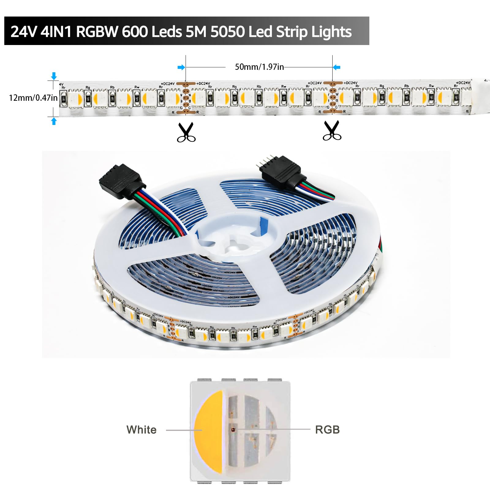 24V LED Streifen Licht, 4 in 1, RGBWW RGB + Warmweiß 3000K 5M Mischfarben Strip Lichtband SMD 5050 IP20 600 LEDs Band Lichtleiste Leiste für Schlafzimmer, Küche Dekoration