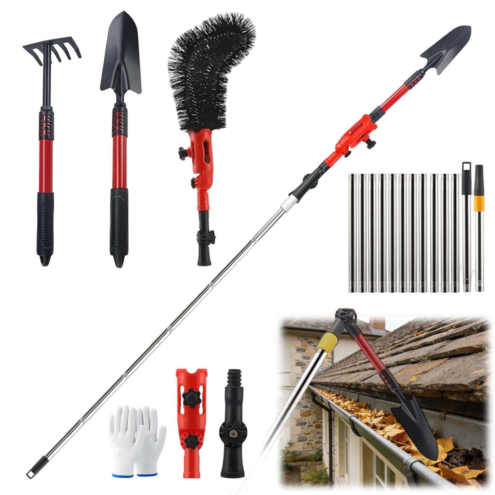 Dachrinnenreiniger mit Teleskopstiel 4m, Teleskop Dachrinnenreiniger Kit,3-in-1 Dachrinnen Reiniger mit 180° Schwenkbarem Kopf Rechen Schaufel & Dachrinnenbürste Von BläTtern, Schmutz, Fenstern