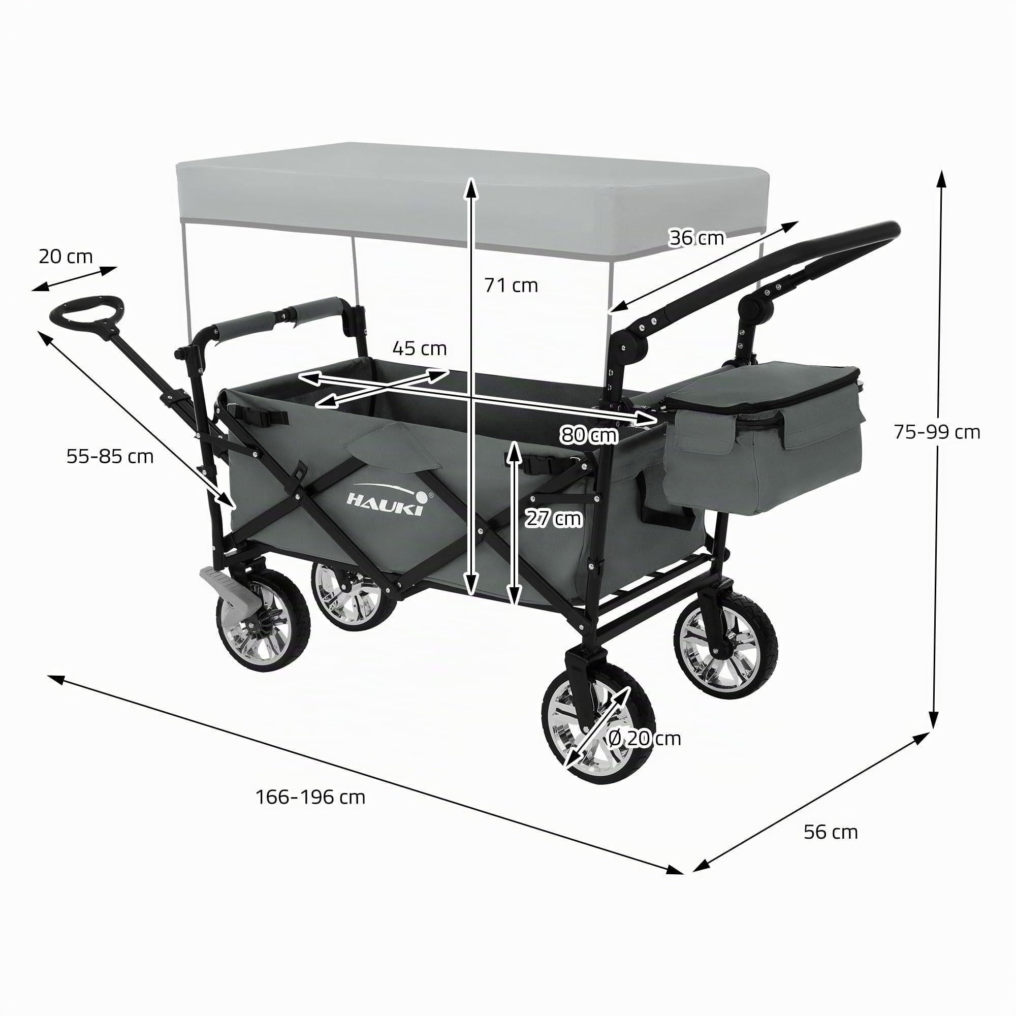 Hauki Chariot de Transport Pliable à Main avec Toit, Gris, Poussette de Plage Jardin avec Sac et Siège à 2 Places, Roulette avec Freins, Pivotante à 360°, Charge Max. 120 kg, pour Enfants/Outils