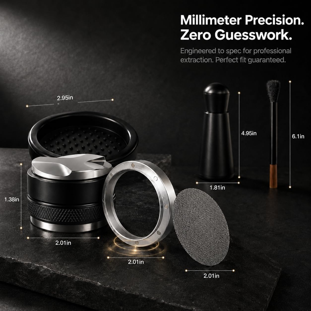 51 mm Siebträger Zubehör Set, 6-teilig mit 2-in-1 Tamper & Distributor, WDT Tool, magnetischem Dosierring, Edelstahl Puck Screen, Tampermatte und Bürste, kompatibel mit De'Longhi