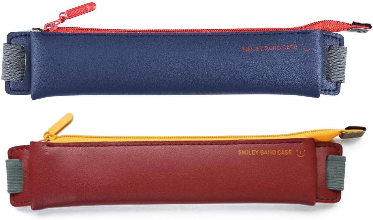 LuFOX 2-Pack PU Leather Pen Pencil Pocket Case Sleeve Holder Pouch with Elastic Band for Book Notebook Bible (Dark Blue+burgundy)