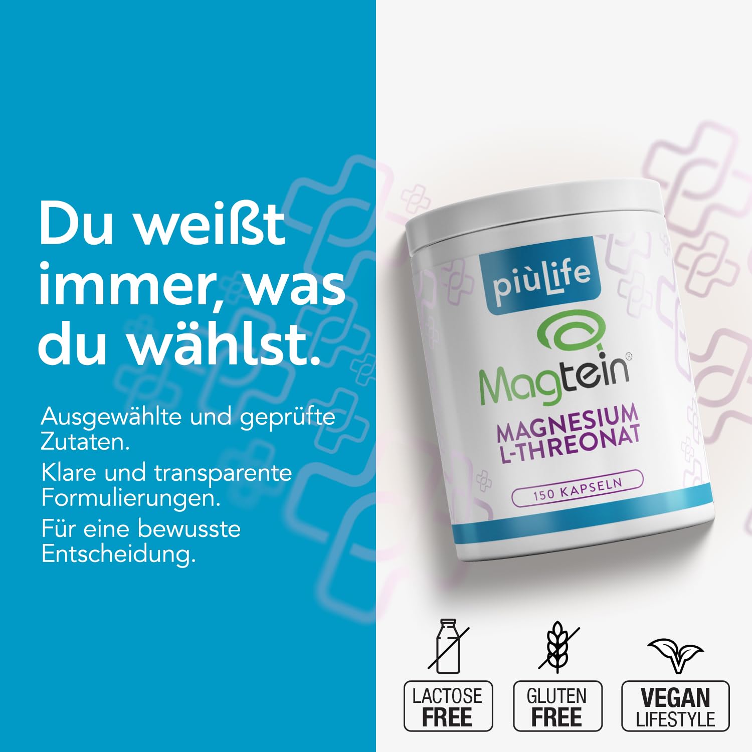Magnesium Threonate Magtein PiùLife – 2000 mg (davon 164 mg des Minerals) | Nahrungsergänzung für Gedächtnis & Konzentration – 150 Kapseln – Gluten- & Laktosefrei