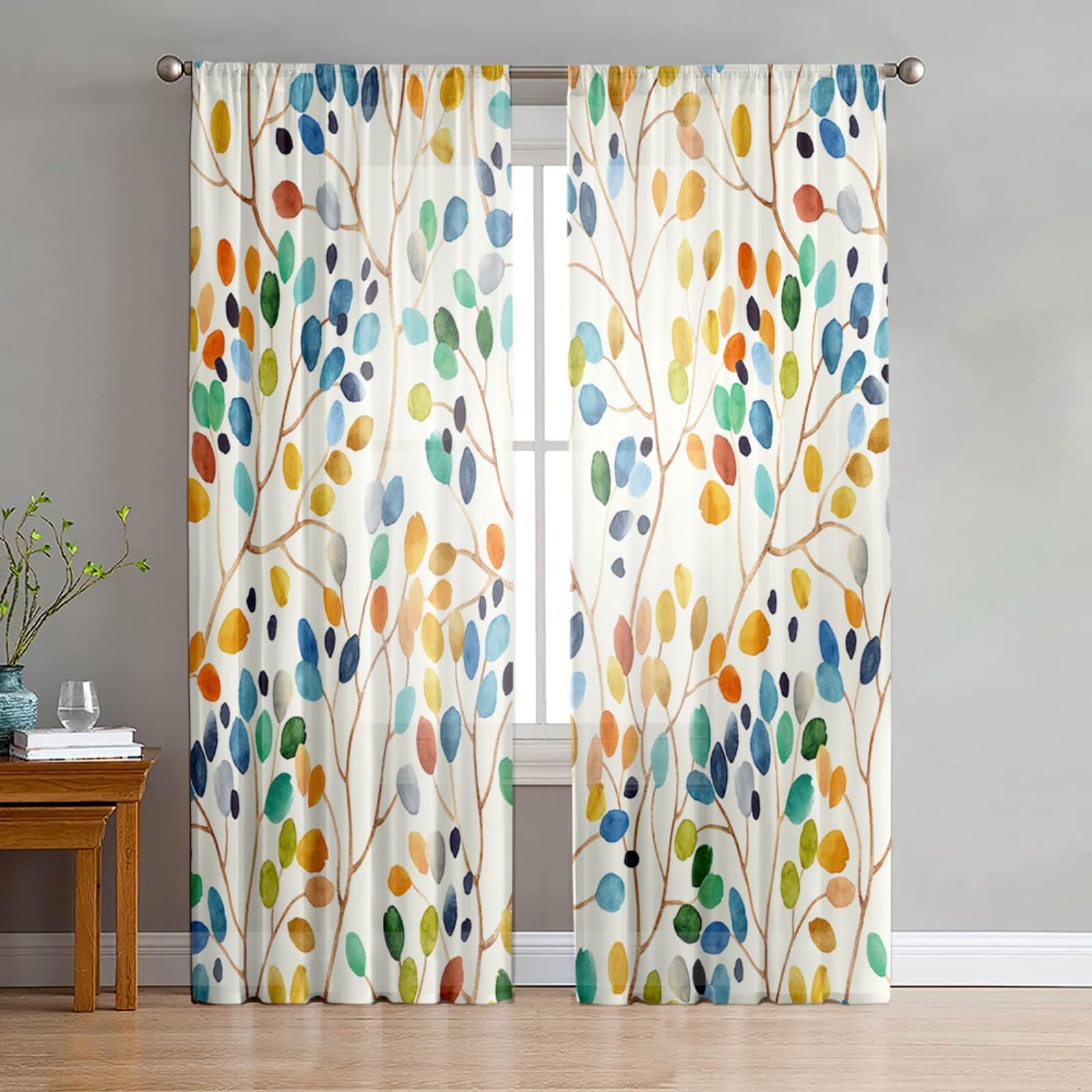 Odot Voile Net Curtains for Windows Living Room, 3D Leaf Pattern Rod Pocket Semi Sheer Curtains 2 Panels Light Filtering Translucent Tulle Voile Panel for Decorative (Colorful A,51x71in)