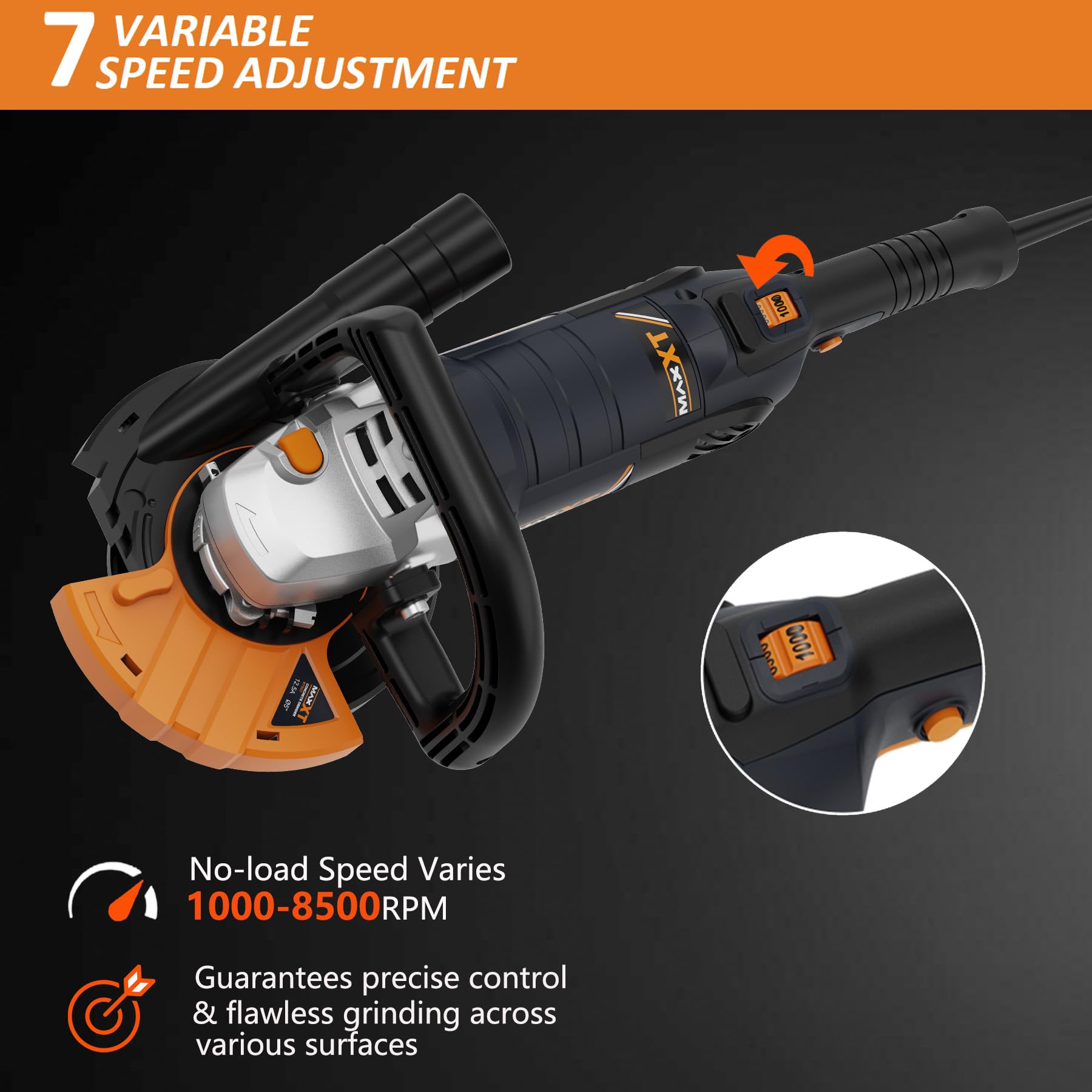 Levigatrice per Cemento 1500W, MAXXT Smerigliatrice per calcestruzzo 1000-8500RPM 7 Velocità Regolabili, Levigatrice per Calcestruzzo con Protezione Rimovibile（Include due dischi abrasivi al diamante）