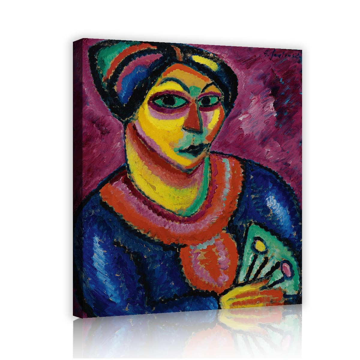TOANGWALL Vintage Woman Fan Canvas Wall Art Dining Room Alexej von Jawlensky Girl with a Green Fan Oil Painting Framed Prints for Apartment Decor 40x50cm