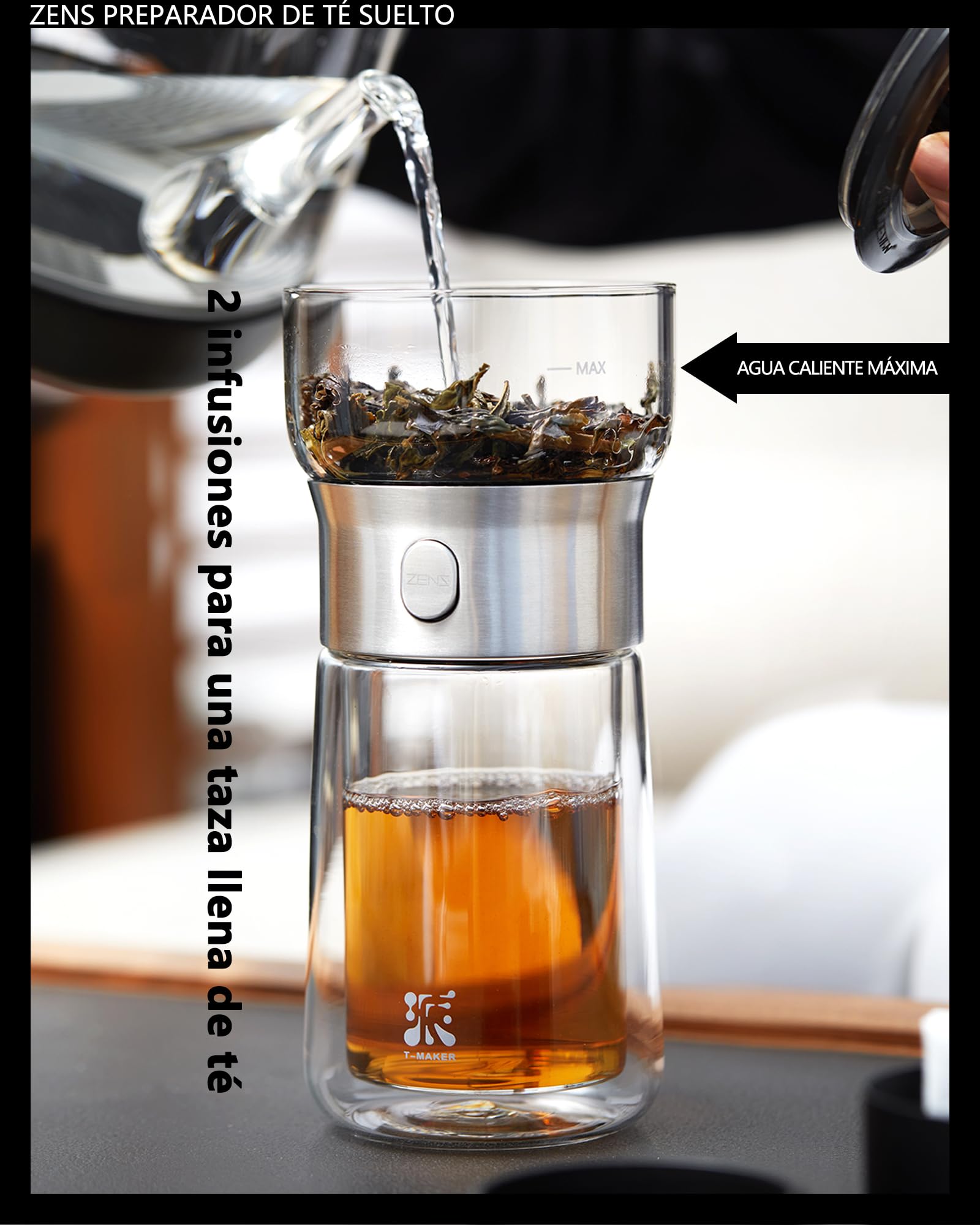ZENS Tetera de cristal con Infusor, mágico con un solo toque drain tetera para té en,teapots con filtro con taza de doble pared y Negro estuche portátil para los amantes del té.