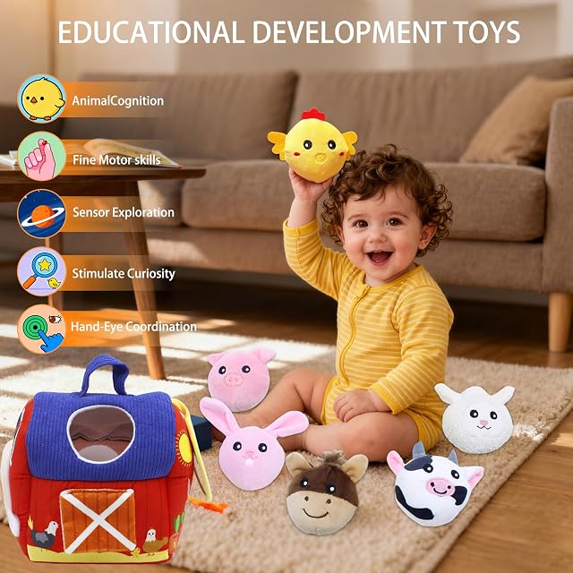Foto 5 de 7 de Tbintul Juguete Montessori para Bebés 6-18 Meses, Animales Granja de Peluche Blandos con Sonajas, Arrugas