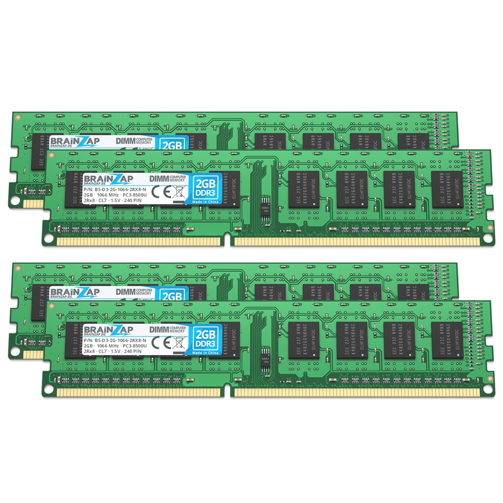BRAINZAP 8 GB (4X 2 GB) DDR3 RAM DIMM PC3-8500U 2Rx8 1066 MHz 1,5 V CL7 Pamięć komputerowa PC