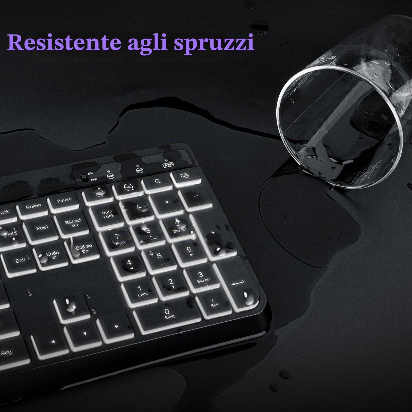 TECURS Tastiera senza fili per gaming PC, tastiera silenziosa, QWERTZ, bianca, illuminata, ergonomica, impermeabile, 2,4 GHz, tastiera a LED per Windows/Mac/PS4/Xbox con tasti multimediali, colore