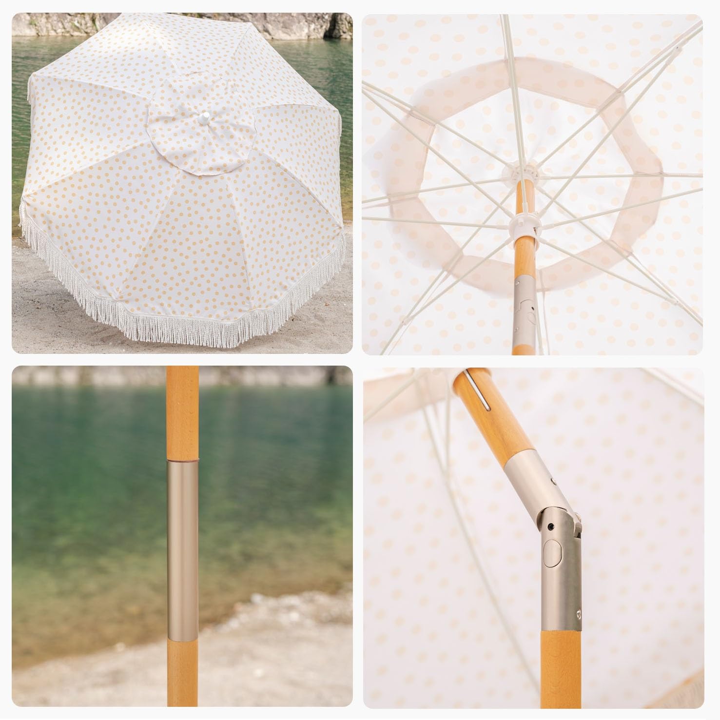 Sombrilla de jardín con flecos de 180 cm, sombrilla de jardín de lunares amarillos con protección UV 50+, sombrilla de playa antiviento, sombrilla plegable con poste de madera