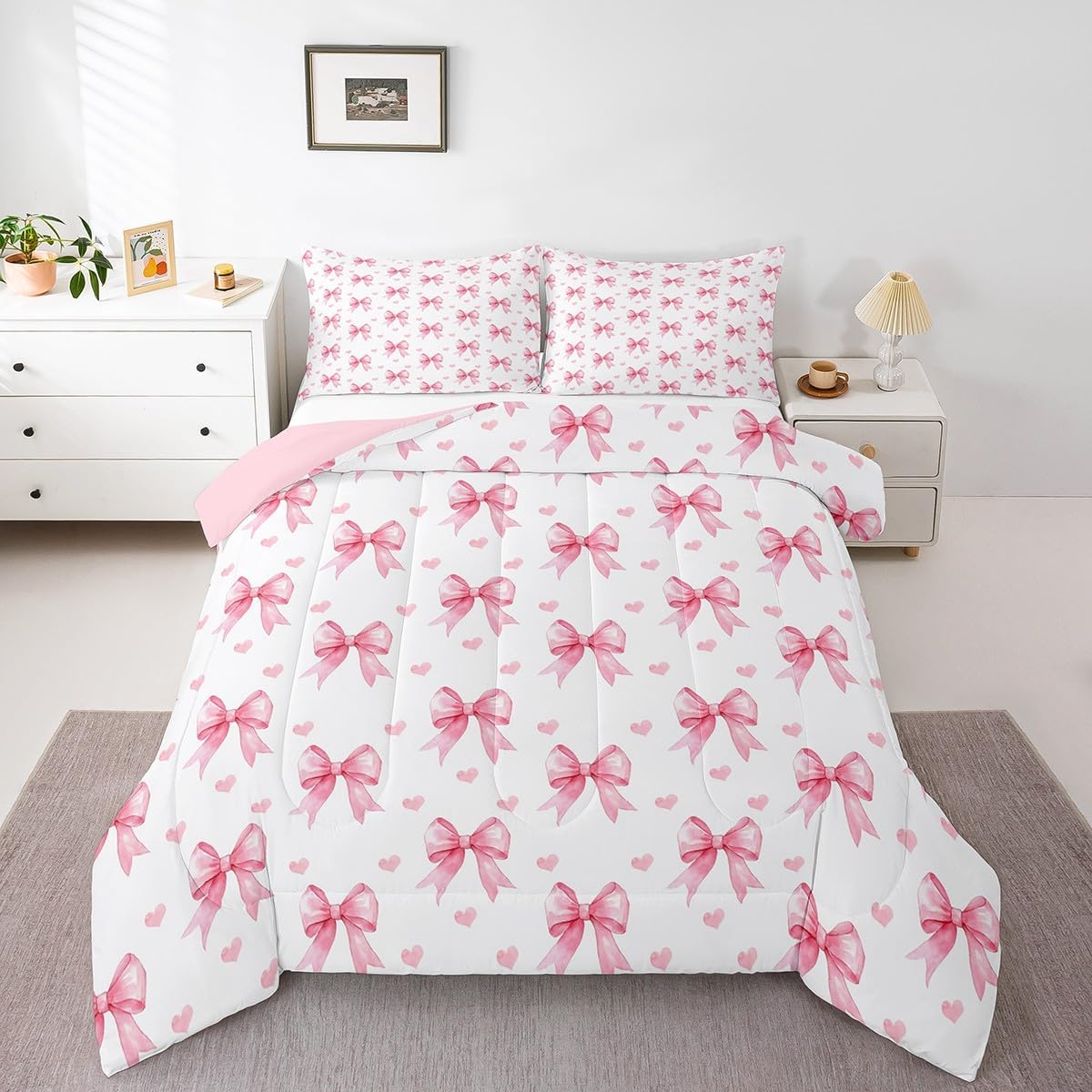 Feelyou Kids Pink Bowknot Comforter Set Toddler Size, Bowknot Bedding Set Boys Girls Kawaii Duvet Insert Teens Bedroom Decor Bed Set 2Pcs