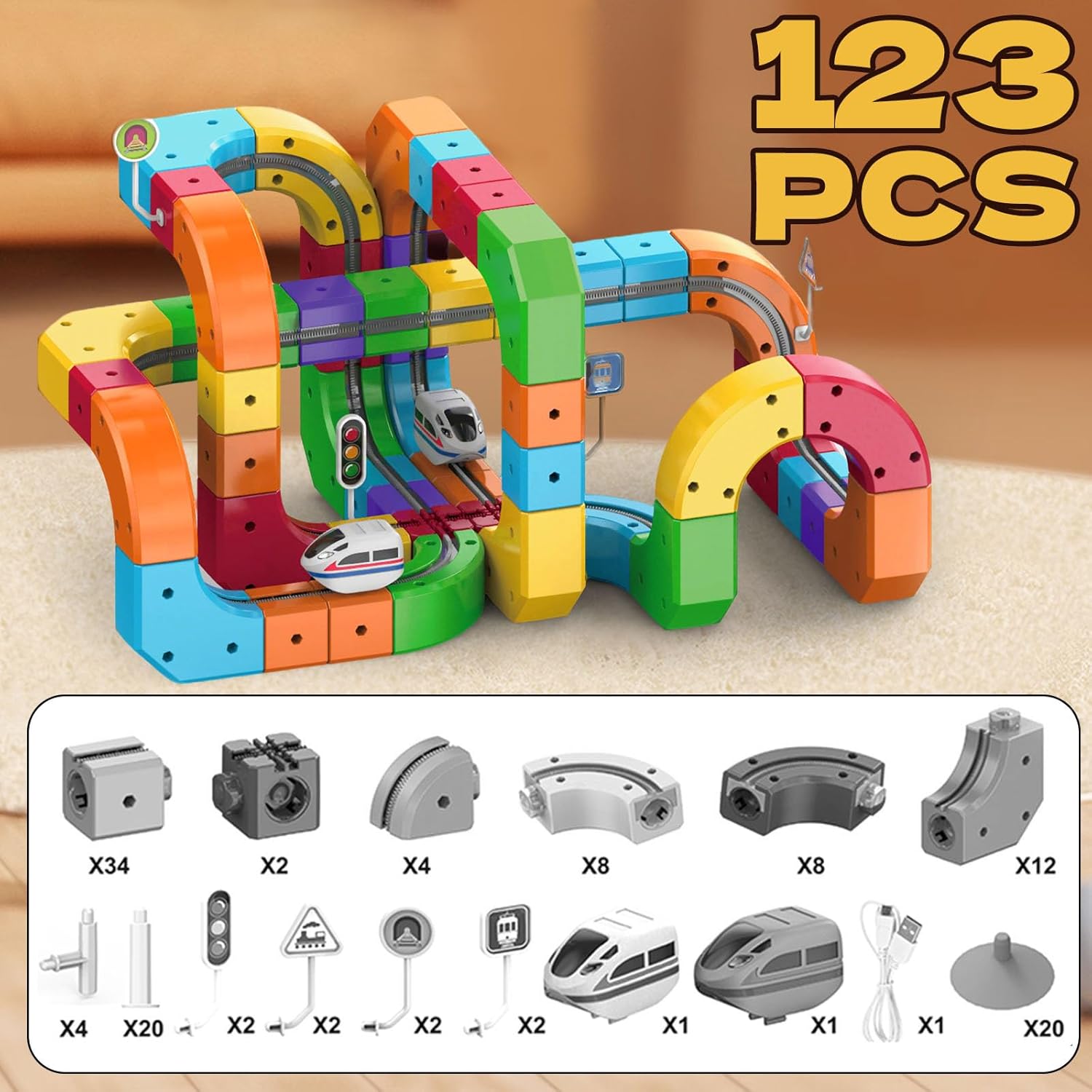 Electric Magnetic Train Track Sets,Building Toy Train Track，Magic Cars Sets,Gravity Defying 3D Embedded Layouts & Motorized Car,for 3-7 Years Old Toddler Boys and Girls Birthday (123PCS-Two Cars)