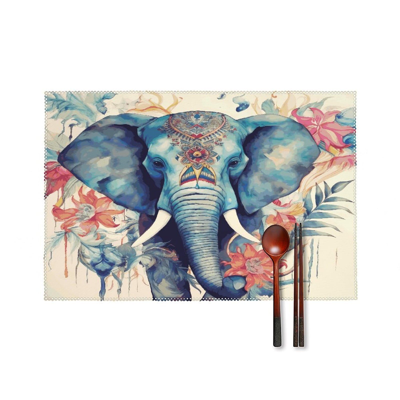 Peacock Feathers Elephant Placemats Set of 4 Canvas Place Mats Non-Slip Heat Resistant Table Mats Washable Waterproof Placemat Wipeable Tablemats for Kitchen Dining Decor Place Mat