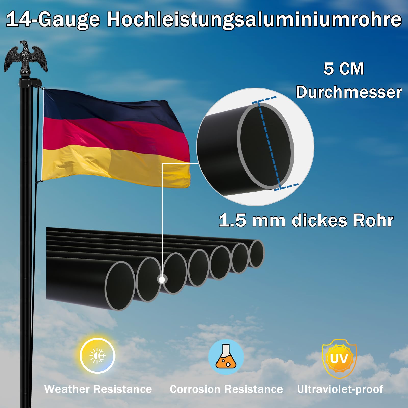 NQ Fahnenmast 6M stabil, 20FT Aluminium Fahnenmast höhenverstellbar, Fahnenstange Set für Außenbereich, Deutscher Fahnenmast(Schwarz)