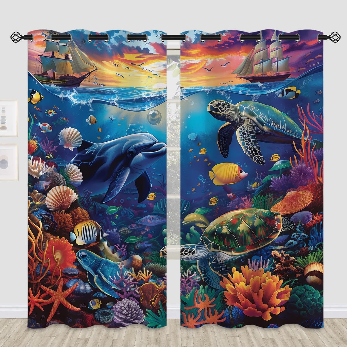 Underwater World Blackout Curtains for Girls Boy Home Decor, Ocean Dolphin Sea Turtles Nautical Grommet Thermal Insulated Drapes Darkening Window Curtain for Bedroom Living Room, 84 x 84 Inch