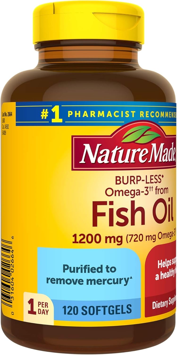 Nature Made Burp-Less Fish Oil 1200 mg One Per Day, 120 Softgels, Fish Oil Omega 3 Supplement For Heart Health