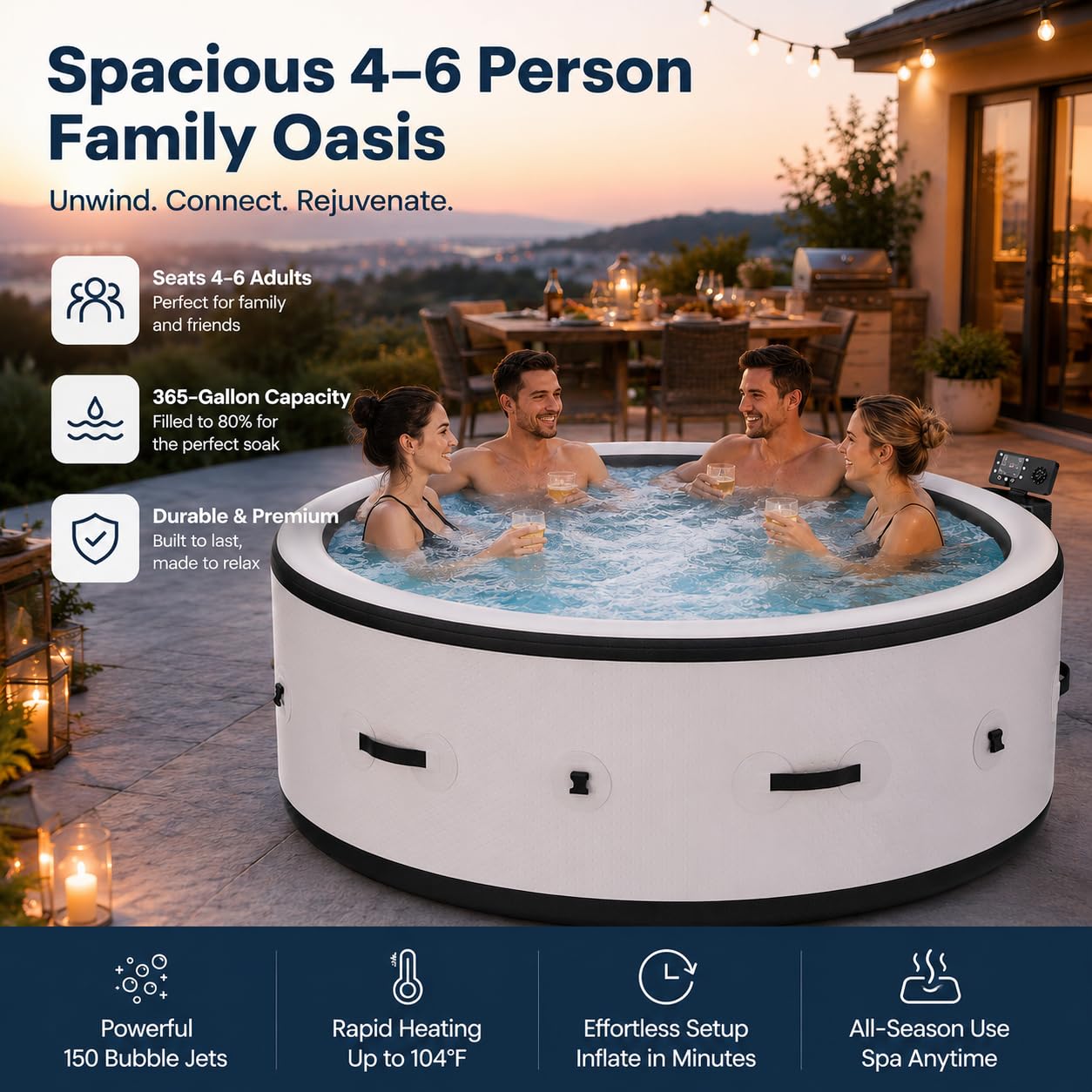 Spa Gonfiabile da Esterno 4-6 Persone, Piscina Idromassaggio 206 cm con 150 Getti di Bolle, Riscaldatore Acqua 40°C, 6 Colori LED, Vasca Massaggio Extra Robusta per Terrazza Giardino
