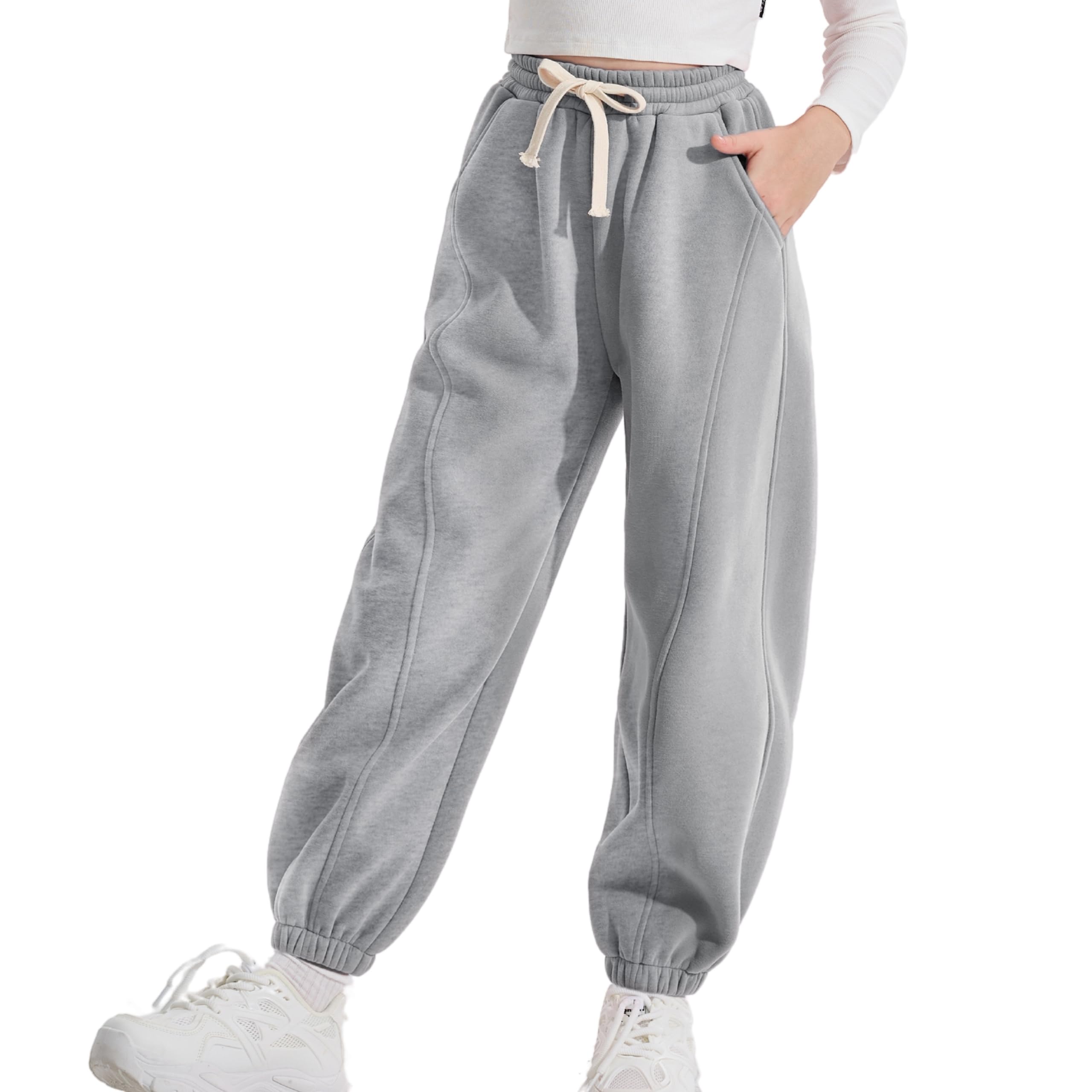 Rolanko Pantalon de Survêtement en Molleton pour Filles, Pantalon de Jogging de Sport Uni, Bas de Survêtement pour Enfants, Grise, Taille: 150/10-11 Ans